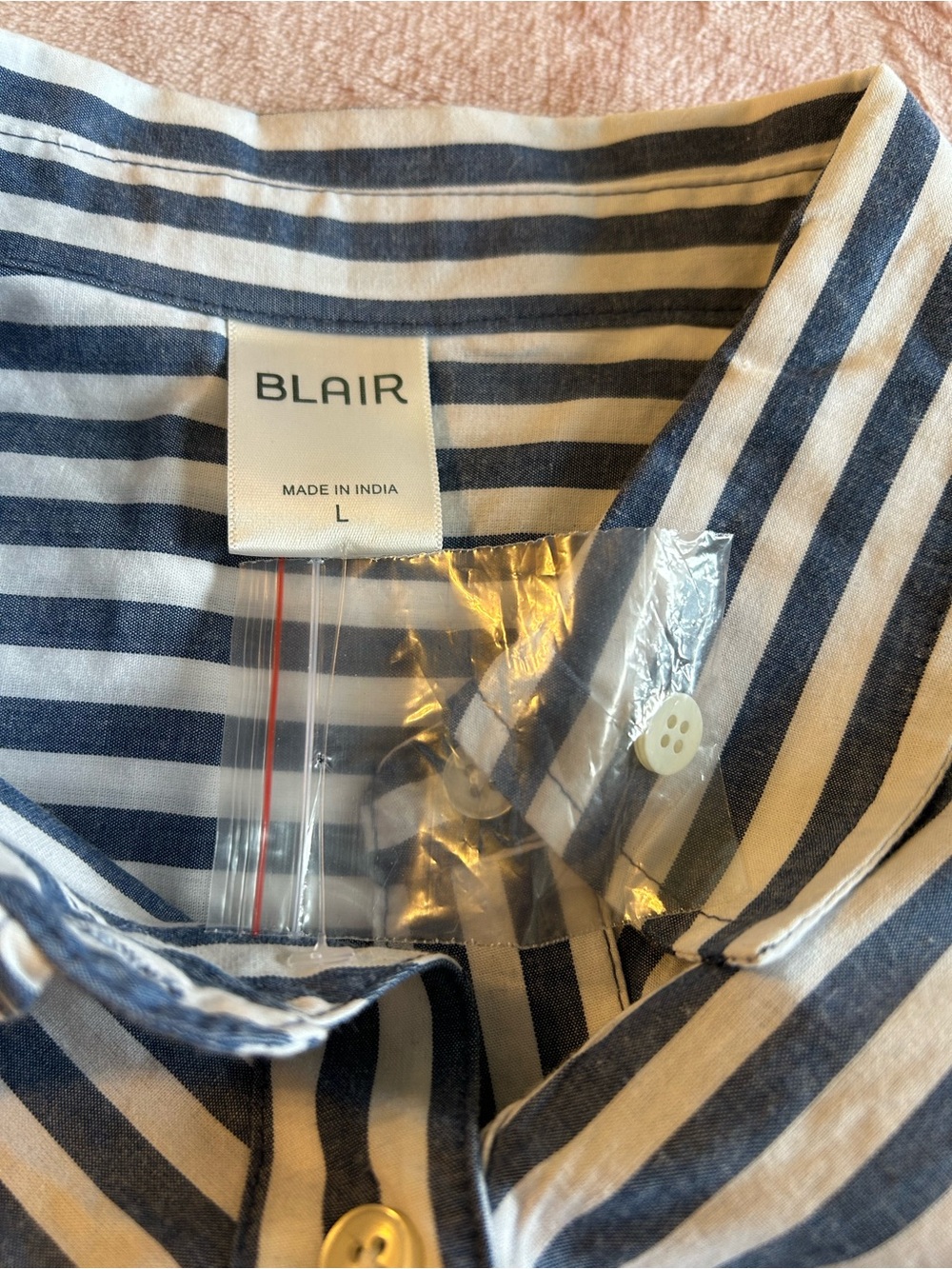 Blair blue and white striped 3/4 sleeve button down cotton blend top size L - Picture 6 of 9